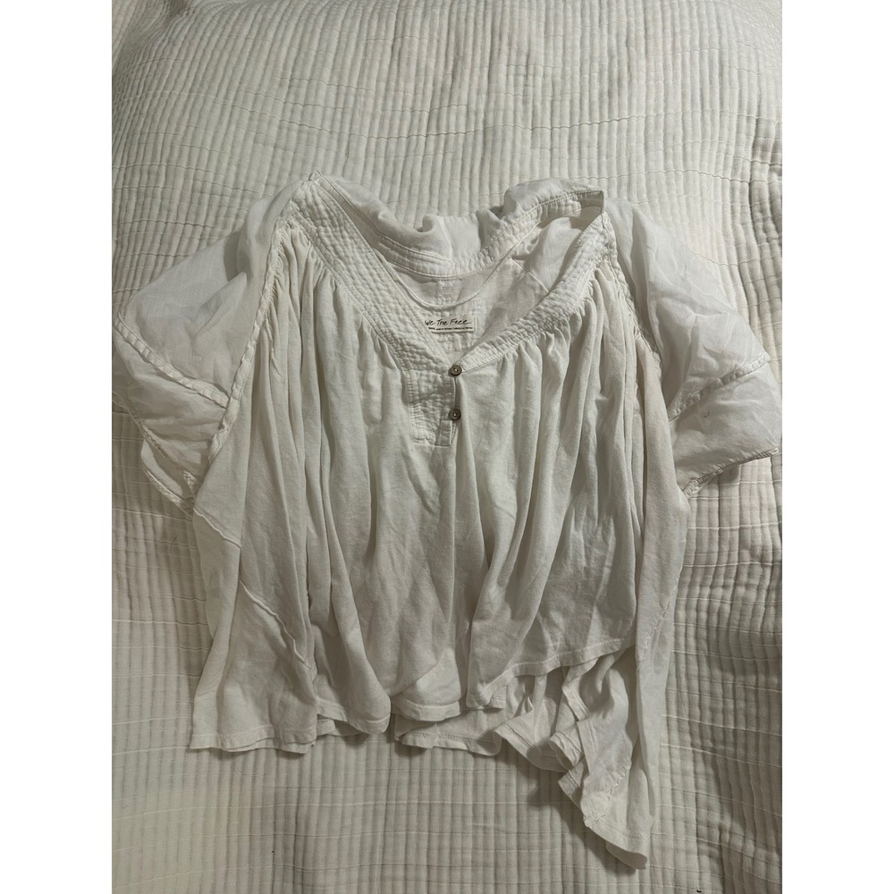 We The Free Free People White Loose Flowy Boho Henley Blouse XS Short Sleeve